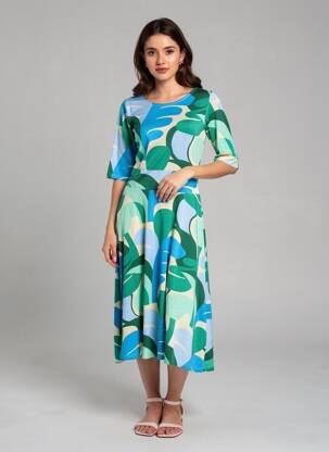 Rochie midi imprimeu fantezie mâneci scurte verde DANEFAE femeie