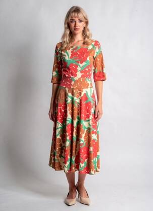 Rochie midi imprimeu fantezie mâneci scurte roșu DANEFAE femeie