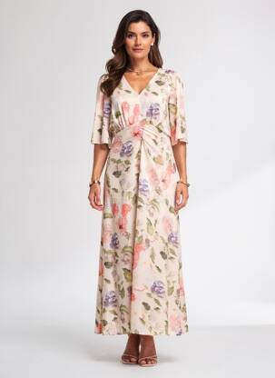 Rochie lungă imprimeu floral mâneci scurte bej CREAM femeie