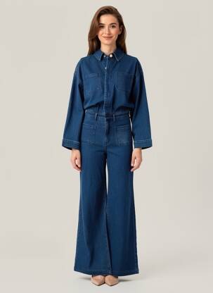 Salopetă-pantalon guler de bluză mâneci lungi albastru LA PETITE ETOILE femeie