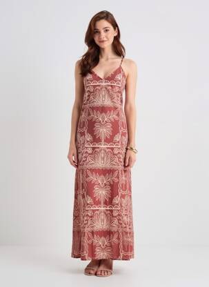 Rochie lungă imprimeu fantezie fără mâneci maro LA PETITE ETOILE femeie