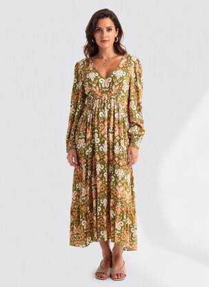Rochie midi imprimeu fantezie mâneci lungi verde EMILIE.K femeie