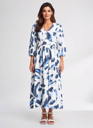 Rochie lungă imprimeu fantezie mâneci 3/4 albastru EMILIE.K femeie
