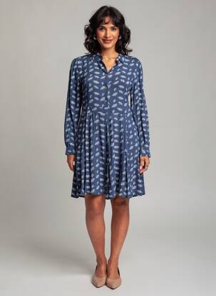 Rochie midi imprimeu fantezie mâneci lungi albastru YUKA femeie