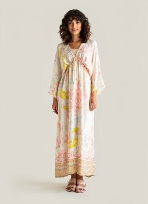 Rochie lungă imprimeu floral mâneci 3/4 roz WU'SIDE femeie