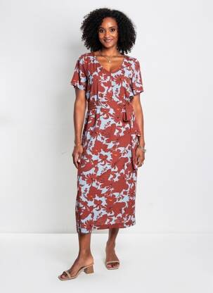 Rochie lungă imprimeu floral mâneci scurte maro NICE THINGS femeie