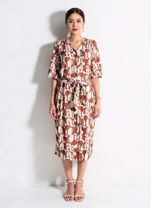 Rochie midi imprimeu fantezie mâneci scurte maro ZILCH femeie