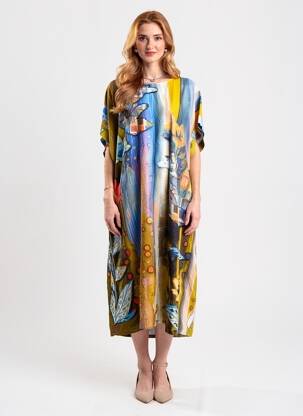 Rochie lungă țesătură poplin mâneci scurte albastru FLY OUT femeie