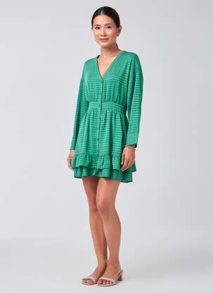 Rochie scurtă croială evazată mâneci lungi verde EMILIE.K femeie