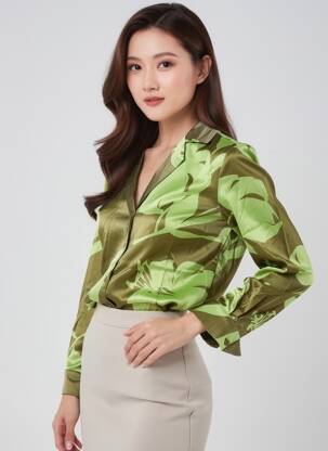 Cămașă imprimeu floral mâneci lungi verde ARTLOVE femeie