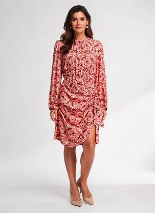Rochie midi imprimeu floral mâneci lungi roșu C'EST BEAU LA VIE femeie