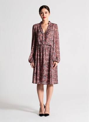 Rochie midi imprimeu floral mâneci lungi roșu C'EST BEAU LA VIE femeie