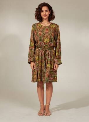 Rochie midi imprimeu floral mâneci lungi verde C'EST BEAU LA VIE femeie