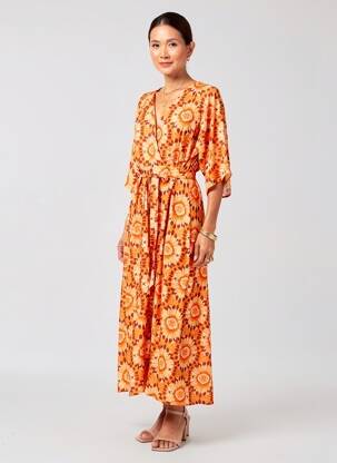 Rochie lungă mâneci scurte mâneci scurte portocalie C'EST BEAU LA VIE femeie