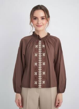 Bluză țesătură poplin mâneci lungi maro EMILIE.K femeie