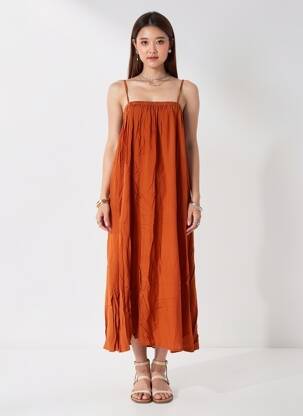 Rochie lungă țesătură poplin bretele subțiri portocalie CHARLIE JOE femeie