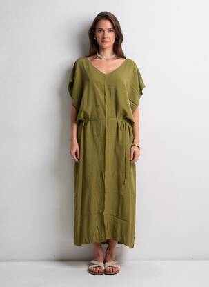 Rochie lungă țesătură poplin mâneci scurte verde CHARLIE JOE femeie