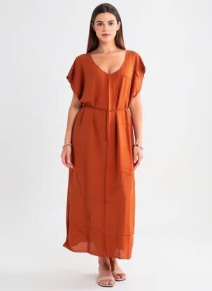 Rochie lungă țesătură poplin mâneci scurte portocalie CHARLIE JOE femeie