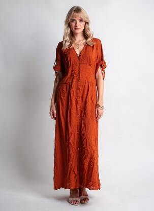 Rochie lungă țesătură poplin mâneci scurte portocalie CHARLIE JOE femeie