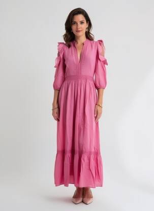 Rochie lungă țesătură poplin mâneci lungi roz KING KONG femeie