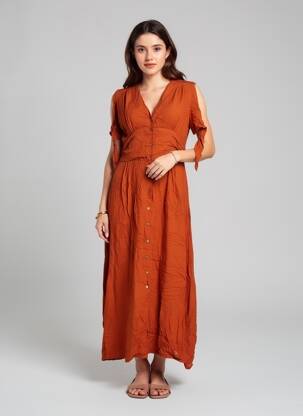 Rochie lungă mâneci scurte mâneci scurte portocalie CHARLIE JOE femeie