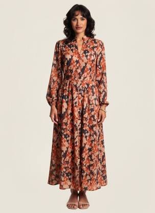 Rochie lungă mâneci lungi mâneci lungi portocalie MARYLEY femeie