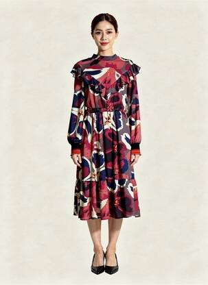 Rochie midi imprimeu fantezie mâneci lungi roz MARYLEY femeie
