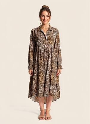 Rochie midi țesătură crep mâneci lungi bej MARYLEY femeie