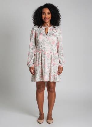 Rochie scurtă imprimeu floral mâneci lungi bej BELLAWAY femeie