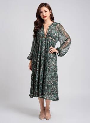 Rochie midi croială fluidă mâneci lungi verde CHARLIE JOE femeie
