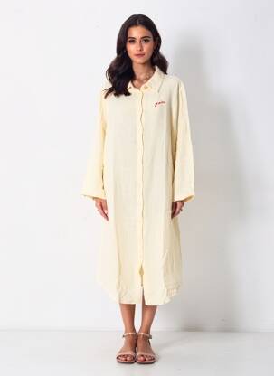 Rochie midi croială fluidă mâneci lungi bej GRAINE femeie