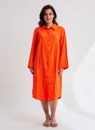 Rochie midi croială fluidă mâneci lungi portocalie GRAINE femeie