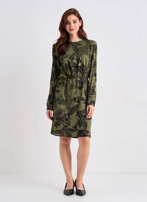 Rochie midi imprimeu fantezie mâneci lungi verde IKKS femeie
