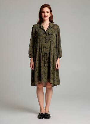 Rochie midi țesătură crep mâneci lungi verde IKKS femeie