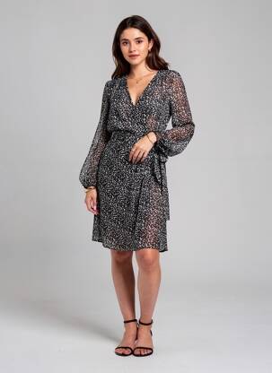 Rochie midi imprimeu fantezie mâneci lungi negru IKKS femeie