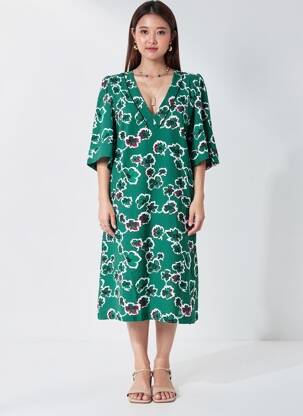 Rochie midi imprimeu fantezie mâneci scurte verde IKKS femeie