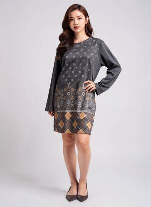Rochie midi imprimeu fantezie mâneci lungi gri GALMALLA femeie