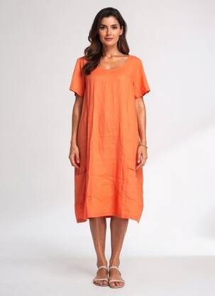 Rochie midi țesătură crep mâneci scurte portocalie K femeie