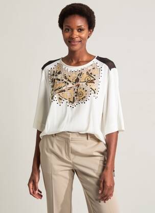 Top guler rotund mâneci 3/4 bej TRICOT CHIC femeie