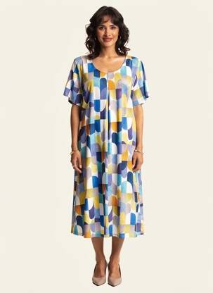 Rochie midi croială fluidă mâneci scurte albastru VANIA femeie