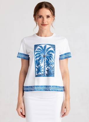 Tricou serigrafie flockată mâneci scurte albastru LEO & UGO femeie