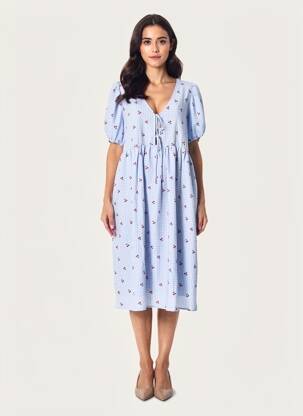 Rochie midi țesătură crep mâneci scurte albastru DROLE DE COPINE femeie