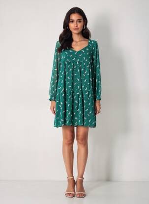 Rochie scurtă croială evazată mâneci lungi verde I.CODE (By IKKS) femeie