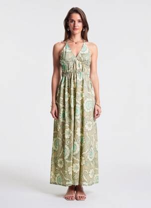 Rochie lungă imprimeu floral bretele subțiri verde TIFFOSI femeie
