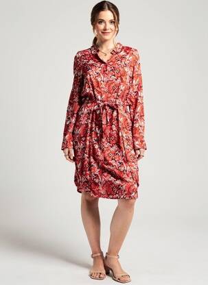 Rochie midi imprimeu fantezie mâneci lungi roșu ICHI femeie