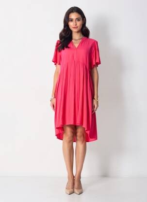 Rochie midi croială fluidă mâneci scurte roz ICHI femeie