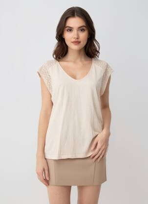Tricou guler în v mâneci scurte bej DEELUXE femeie