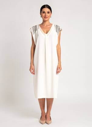 Rochie midi țesătură crep mâneci scurte bej ANDAMIO femeie