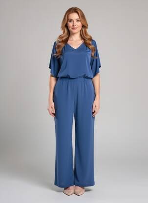 Salopetă-pantalon croială fluidă mâneci scurte albastru ANDAMIO femeie