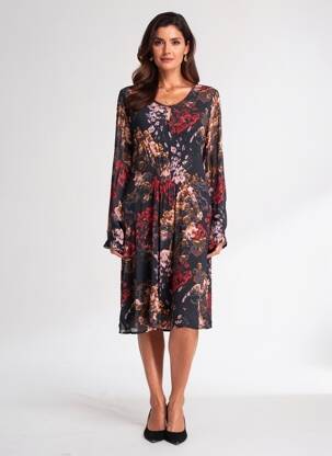 Rochie midi imprimeu fantezie mâneci lungi gri CREAM femeie